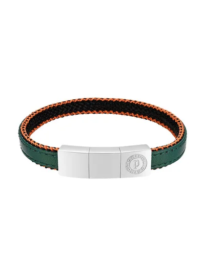 بوليس Intertwined Dark Green Leather Orange Stitch With Stainless Steel Logo Bracelet for Men