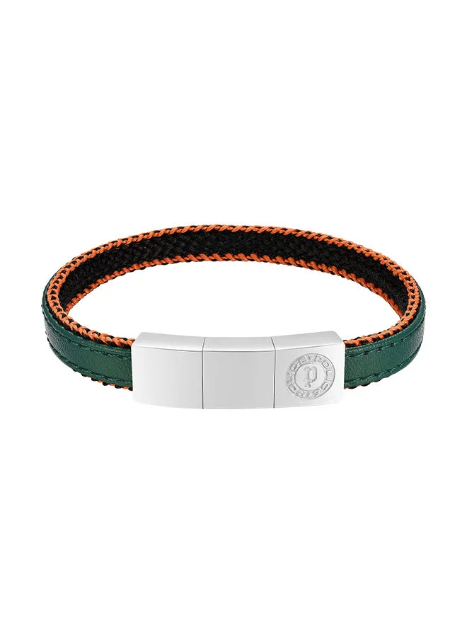 POLICE Police Intertwined Dark Green Leather Orange Stitch With Stainless Steel Logo Gents Bracelet - PEAGB0033002