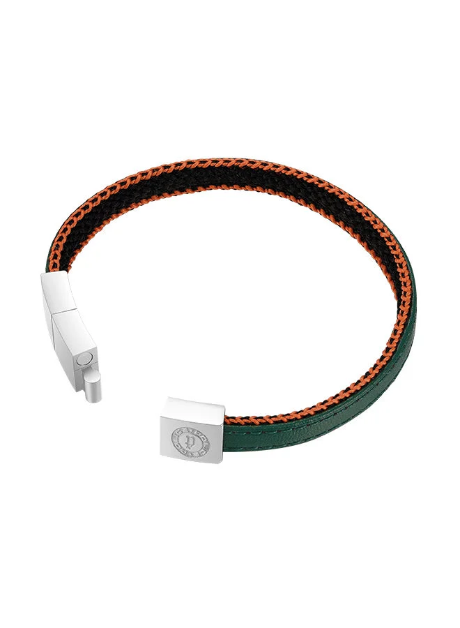 بوليس Intertwined Dark Green Leather Orange Stitch With Stainless Steel Logo Bracelet for Men