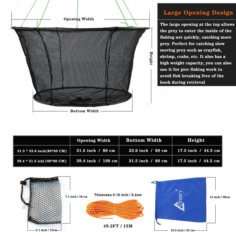 Drasry Fishing Net Trap for Crayfish Crab Bait Minnow Shrimp Foldable Fish Crawdad Lobsters Cast Net Collapsible 31.5 * 23.6 in (80 * 60 CM) - Image 3