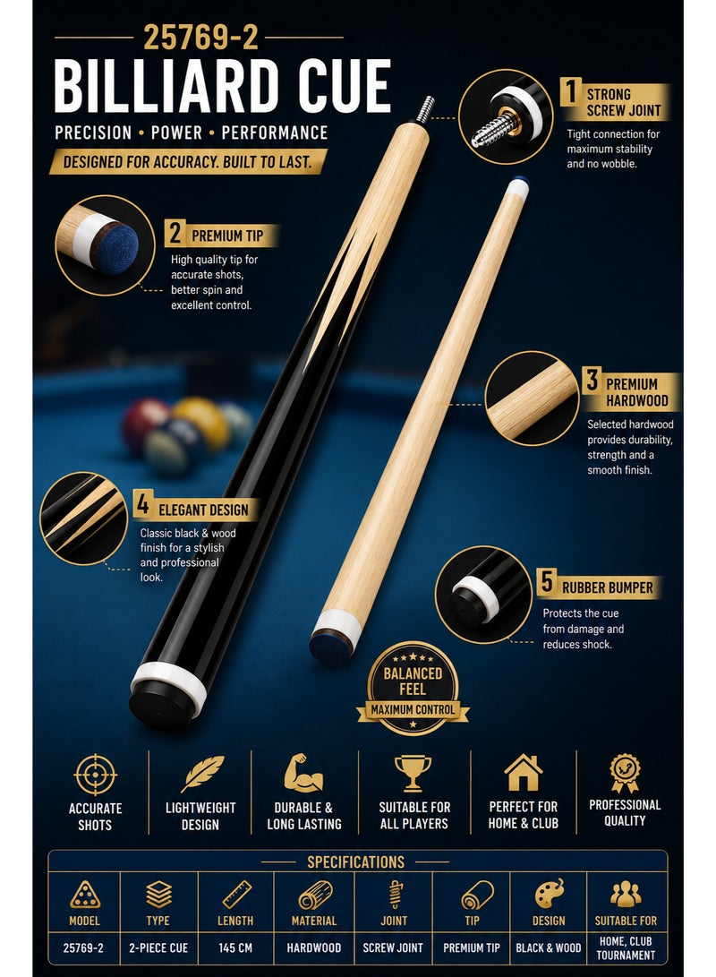 25769-2 Professional Billiard Cue Stick 145CM Wooden Pool Cue With Premium Tip Black Wood Design - Image 5