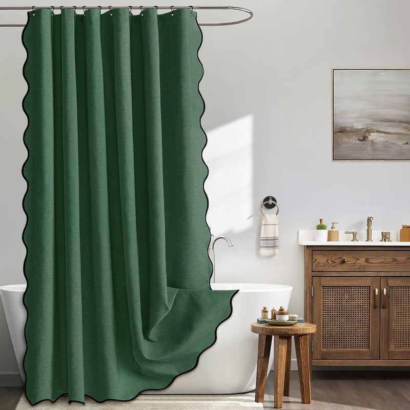MIULEE Christmas 84" Long Scalloped Shower Curtain Linen Textured with 12 Metal Hooks Cute Extra Long Heavy Duty Washable Waterproof Cloth Curtains with Black Border for Bathroom Hotel,Dark Green - Image 1