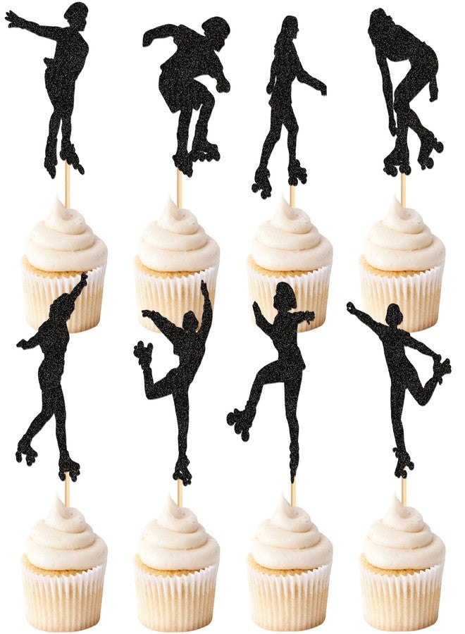 Ercadio 24 PCS Roller Skate Cake Topper Girl in Roller Skating Cake Toppers Retro Hip Hop Theme Party Cake Decoration for Boys or Girls 80s 90s Skating Theme Party Decorations Black - Image 1