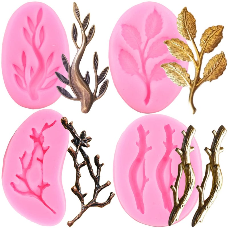 ZiXiang Tree Branch Silicone Mold Twig Branch Leaves Fondant Molds For Chocolate Candy Cake Decorating Cupcake Topper Gum Paste Set Of 4