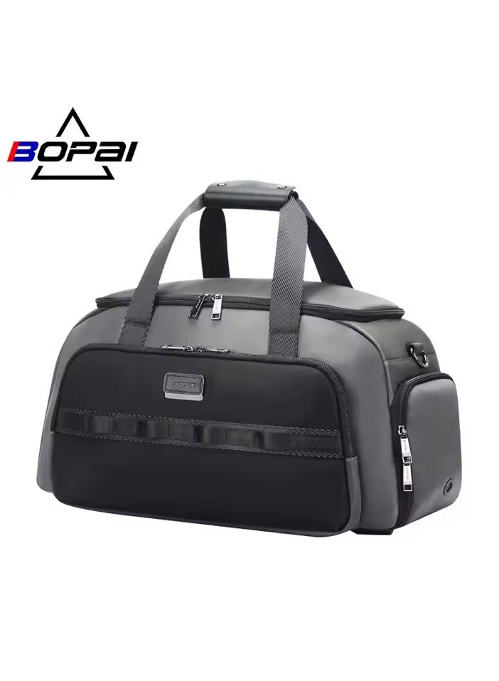 Bopai Genuine Leather Travel Duffel Bag – Lightweight Waterproof Weekender Tote for Men, Large Capacity, Zipper Closure, Shoe Compartment, 50cm, Black/Grey - Image 1