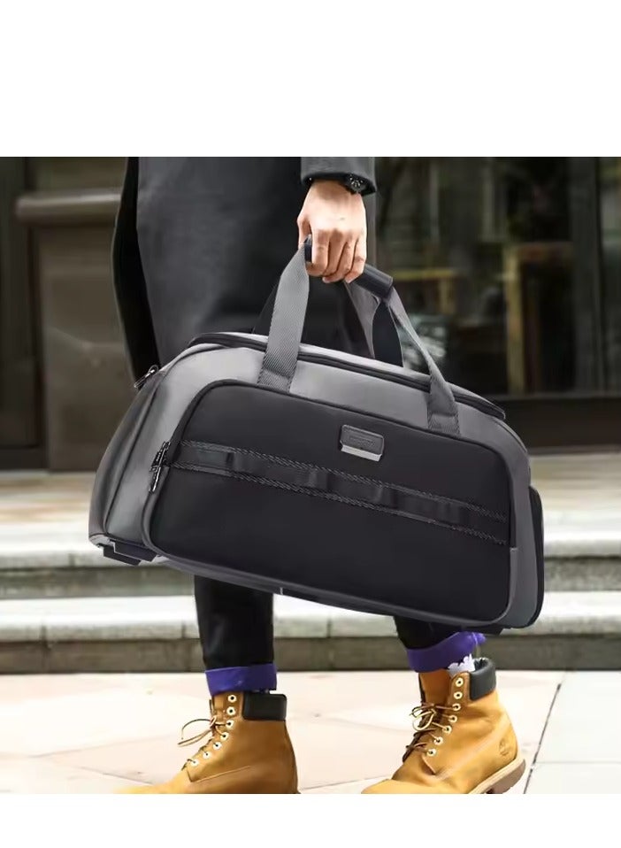 Bopai Genuine Leather Travel Duffel Bag – Lightweight Waterproof Weekender Tote for Men, Large Capacity, Zipper Closure, Shoe Compartment, 50cm, Black/Grey - Image 2