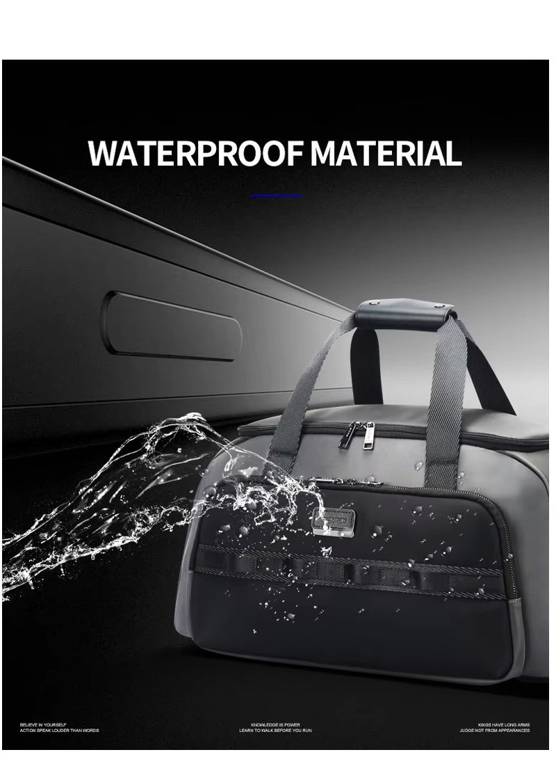 Bopai Genuine Leather Travel Duffel Bag – Lightweight Waterproof Weekender Tote for Men, Large Capacity, Zipper Closure, Shoe Compartment, 50cm, Black/Grey - Image 4