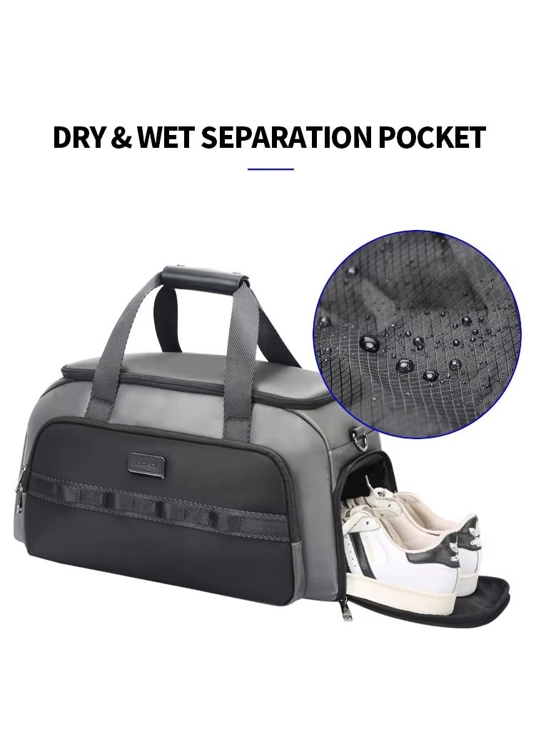 Bopai Genuine Leather Travel Duffel Bag – Lightweight Waterproof Weekender Tote for Men, Large Capacity, Zipper Closure, Shoe Compartment, 50cm, Black/Grey - Image 5