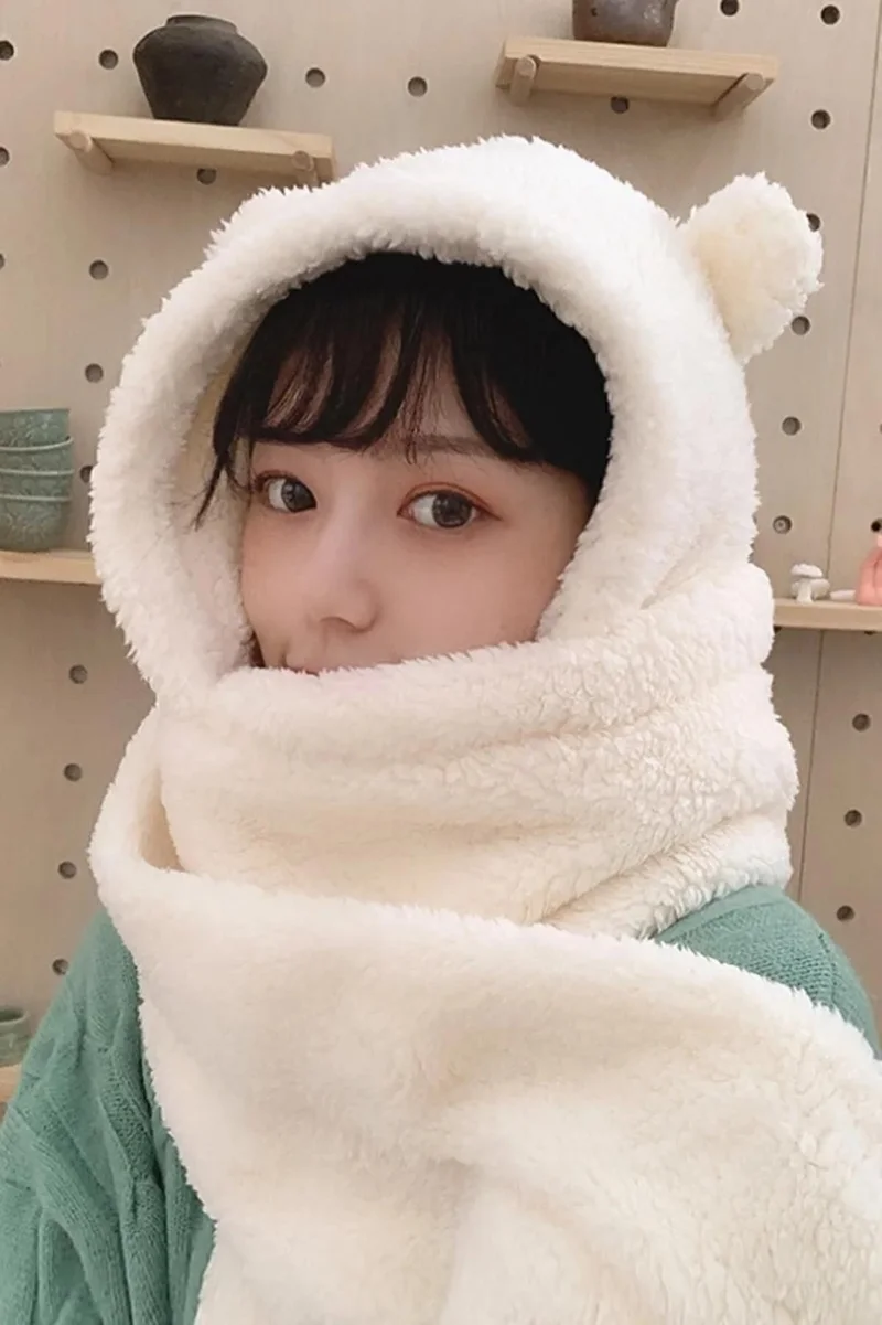 Bahels Hooded Plush Beanie Scarf Women Welsoft Polar Fleece Neck Warmer Shawl Windproof Eared Hat