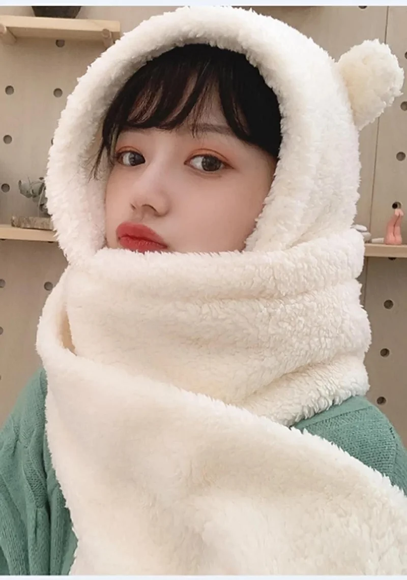 Bahels Hooded Plush Beanie Scarf Women Welsoft Polar Fleece Neck Warmer Shawl Windproof Eared Hat