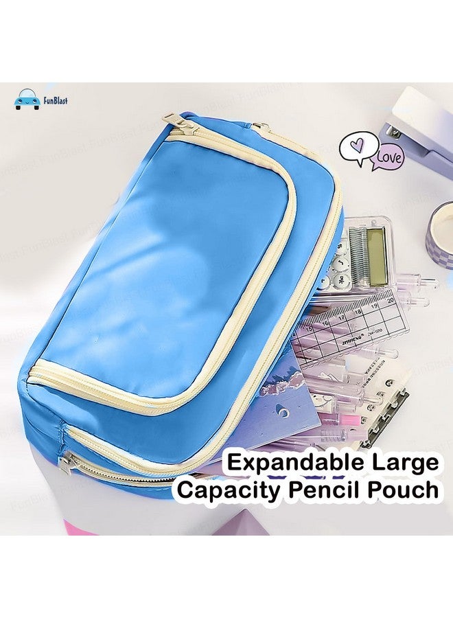فنبلاست حافظة أقلام فن بلاست كبيرة السعة، متعددة الجيوب بسحاب مزدوج، حقيبة أقلام محمولة، حقيبة جمالية، حافظة أقلام كاواي، حقائب لطيفة للفتيات، حقيبة تنظيم أدوات مكتبية (زرقاء) - Image 2