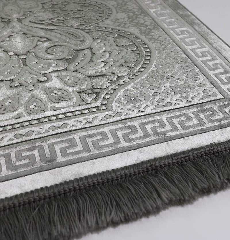 Modefa Luxury Velvet Prayer Rug with Prayer Beads | Soft Elegant Muslim Turkish Janamaz Sajada Carpet for Men and Women | Plain Solid Prayer Mat Ramadan Eid Gift - Paisley (Silver Grey) - Image 2
