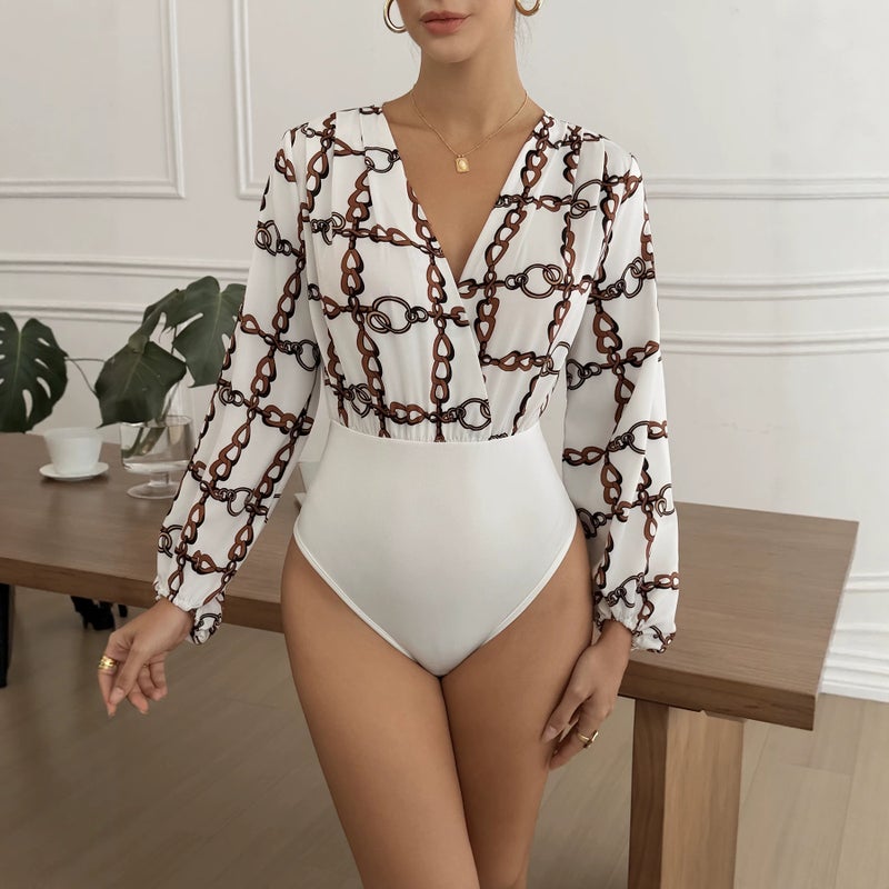 Women's Chain Print Jumpsuit with Long Puff Sleeves - Image 4