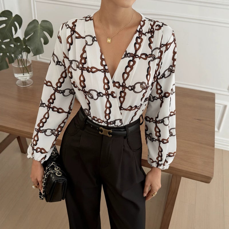 Women's Chain Print Jumpsuit with Long Puff Sleeves - Image 3