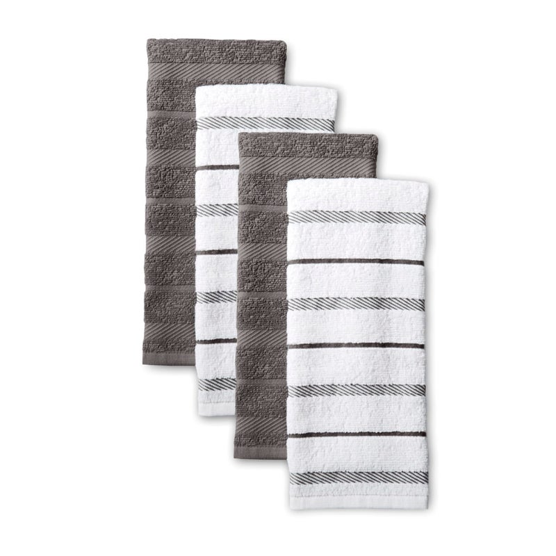 KitchenAid Albany Kitchen Towel 4-Pack Set  Charcoal Grey/White  16""x26"" - Image 1