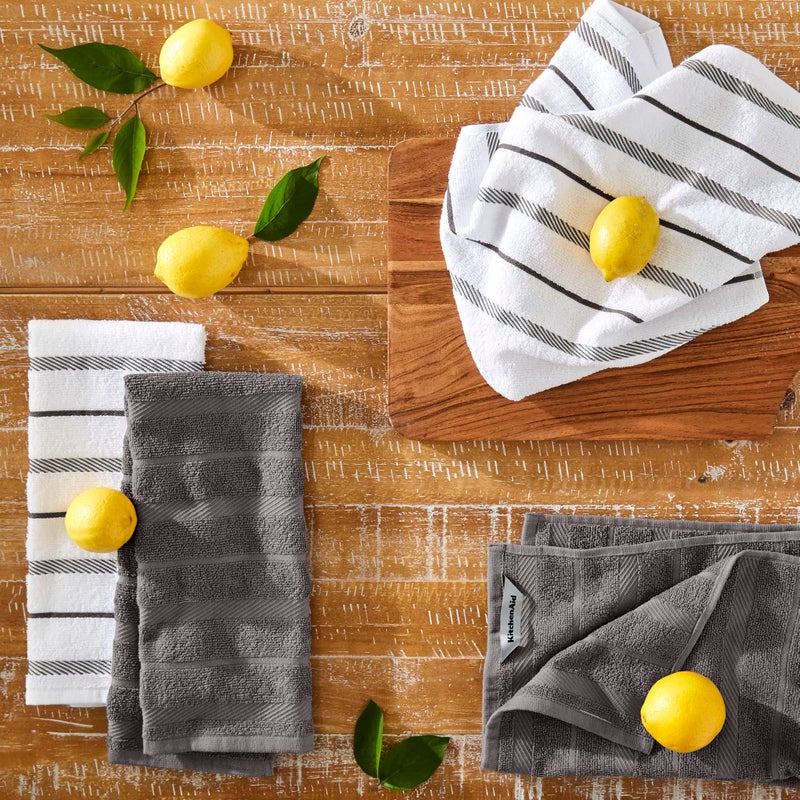 KitchenAid Albany Kitchen Towel 4-Pack Set  Charcoal Grey/White  16""x26"" - Image 2