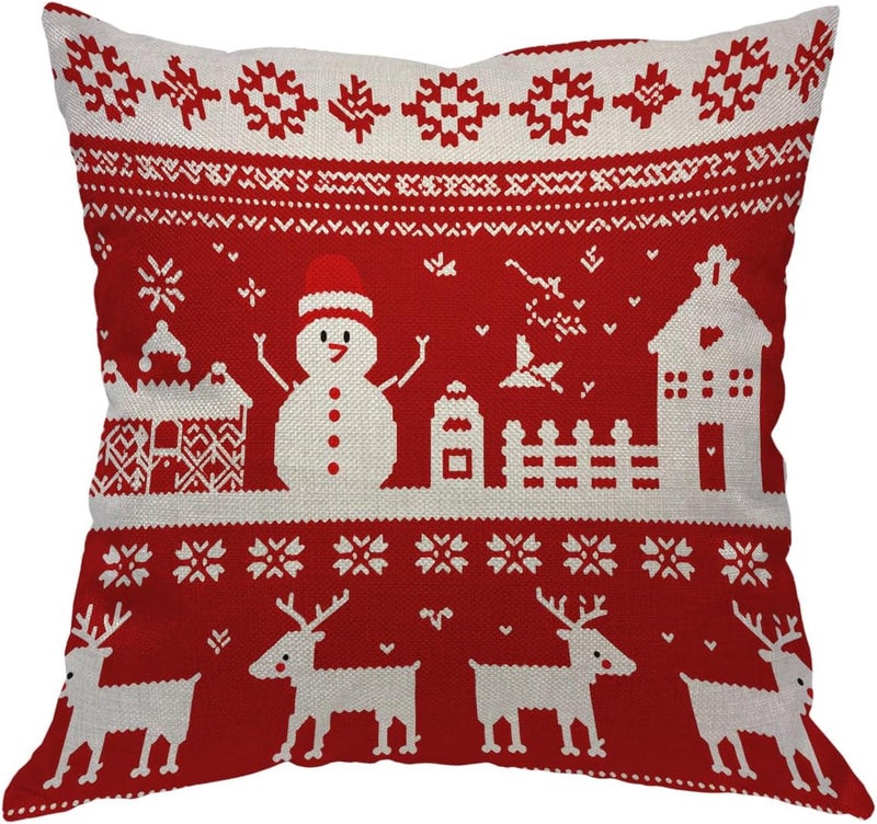 Moslion Snow Pillows Decorative Throw Pillow Cover Case Christmas Snowflake Triangle Snowman Moose Reindeer Pillow Case 18x18 Inch Cotton Linen Square Cushion Cover Happy Father's Day Sofa Bedroom Red - Image 1