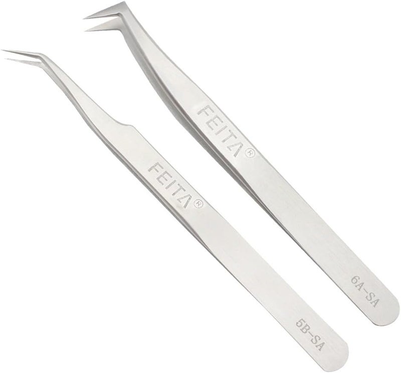 FEITA Precision Eyelash Extension Tweezers Set FEITA Professional Slant Angled Curved Pointed Volume Tweezers for 3D 4D 6D Lashes Extension Silver 2Pcs - Image 1