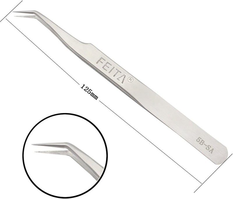 FEITA Precision Eyelash Extension Tweezers Set FEITA Professional Slant Angled Curved Pointed Volume Tweezers for 3D 4D 6D Lashes Extension Silver 2Pcs - Image 2