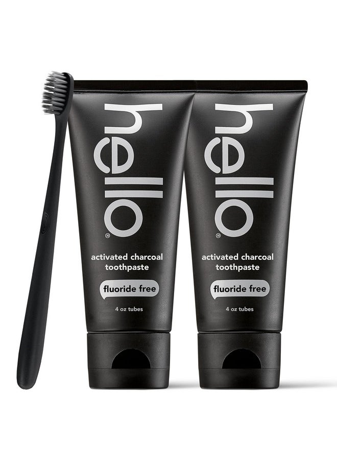 Hello Hello Activated Charcoal Epic Teeth Whitening Fluoride Free Toothpaste and Toothbrush, Fresh Mint and Coconut Oil, Vegan, SLS Free, Gluten Free and Peroxide Free, 4 Ounce (Pack of 2)  - Image 1