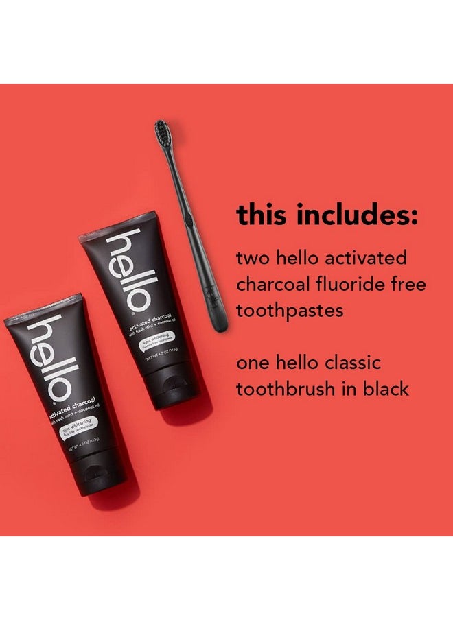 Hello Hello Activated Charcoal Epic Teeth Whitening Fluoride Free Toothpaste and Toothbrush, Fresh Mint and Coconut Oil, Vegan, SLS Free, Gluten Free and Peroxide Free, 4 Ounce (Pack of 2)  - Image 2