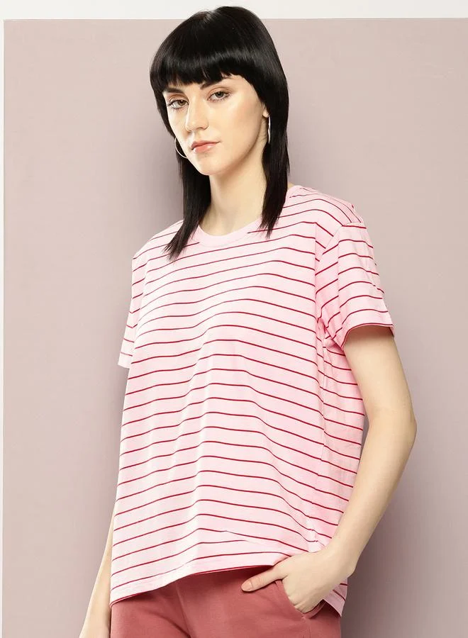 Dillinger Women Pink Striped Yarn Dyed Boxy T-Shirt