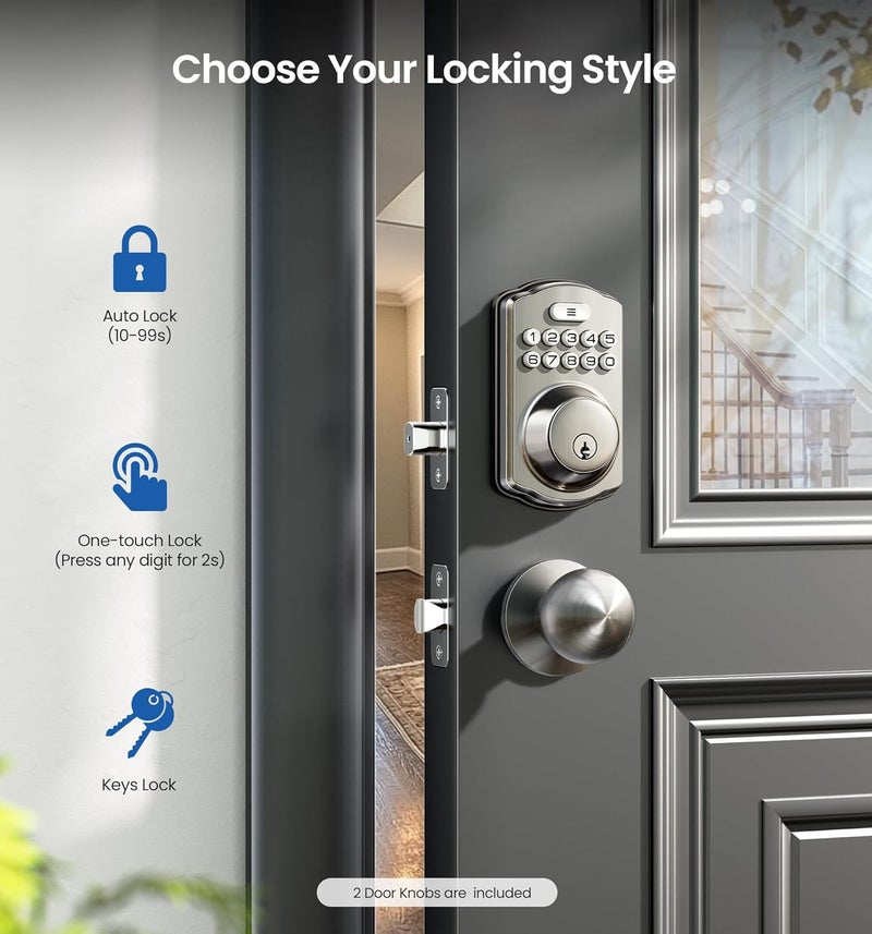 Veise Keyless Entry Door Lock with 2 Knobs, Electronic Backlit Keypad Deadbolt with Handle Set, Auto Lock, One-time Codes, Smart Deadbolt for Front Door, Easy Installation, Satin Nickel - Image 3
