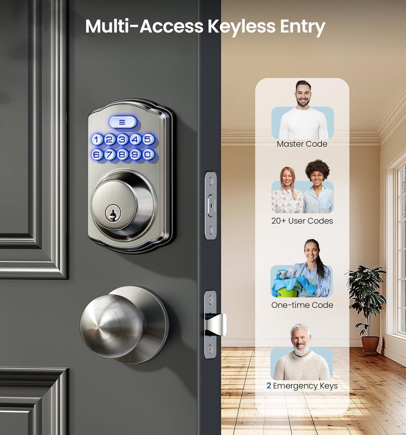 Veise Keyless Entry Door Lock with 2 Knobs, Electronic Backlit Keypad Deadbolt with Handle Set, Auto Lock, One-time Codes, Smart Deadbolt for Front Door, Easy Installation, Satin Nickel - Image 2