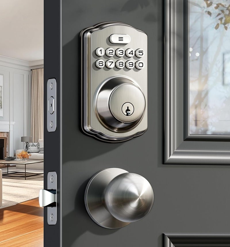 Veise Keyless Entry Door Lock with 2 Knobs, Electronic Backlit Keypad Deadbolt with Handle Set, Auto Lock, One-time Codes, Smart Deadbolt for Front Door, Easy Installation, Satin Nickel - Image 1