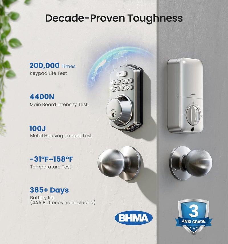 Veise Keyless Entry Door Lock with 2 Knobs, Electronic Backlit Keypad Deadbolt with Handle Set, Auto Lock, One-time Codes, Smart Deadbolt for Front Door, Easy Installation, Satin Nickel - Image 5