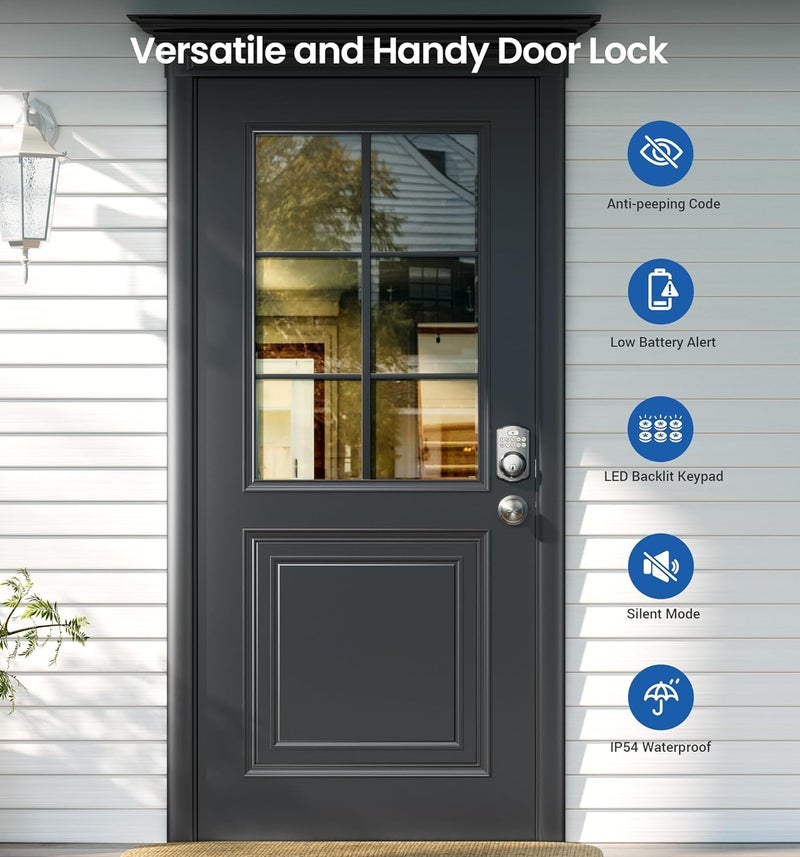 Veise Keyless Entry Door Lock with 2 Knobs, Electronic Backlit Keypad Deadbolt with Handle Set, Auto Lock, One-time Codes, Smart Deadbolt for Front Door, Easy Installation, Satin Nickel - Image 4