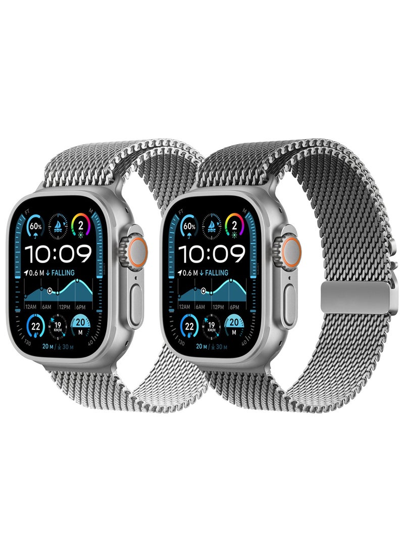 2Packs Milanese Loop for Apple Watch Band Ultra 2 Band Ultra 49mm 46mm 45mm 44mm, Parachute-Style Buckle Stainless Steel Mesh Metal Band for iWatch Series 10-1 SE - Silver Natural Titanium - Image 4