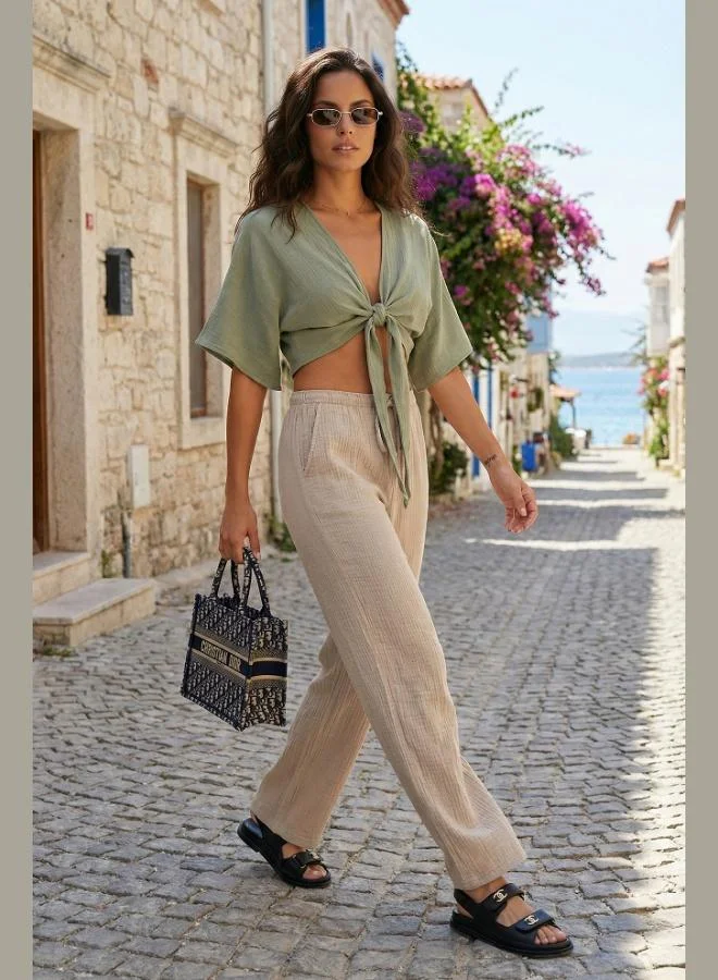 ليلا Lela Cotton Relaxed Fit Wide Leg Muslin Trousers Women's Pants 668YP5502