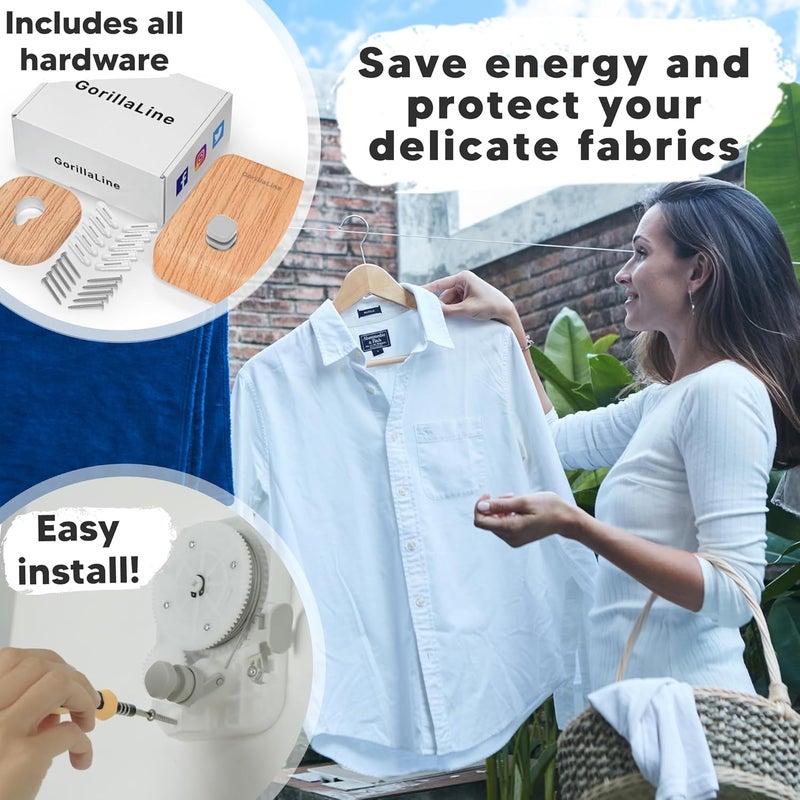 GorillaLine - Retractable Clothesline Indoor Outdoor Clothes Line - Heavy Duty Clothes Drying Laundry Line - Wall Mounted Drying Rack - Air Dry Clothing - Image 4