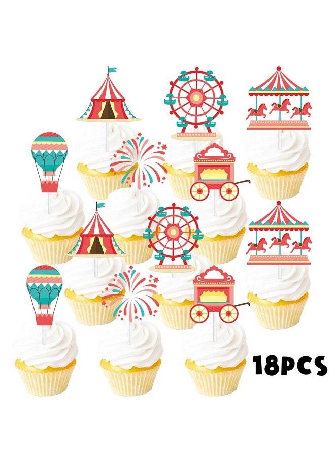 Generic - 18Pcs Red Glitter Fireworks Dessert Cupcake Topper Clown Hot Air Balloon Circus Tent Carnival Theme Decor Supplies Baby Girl Boy Happy Birthday Party Decorations - Image 1