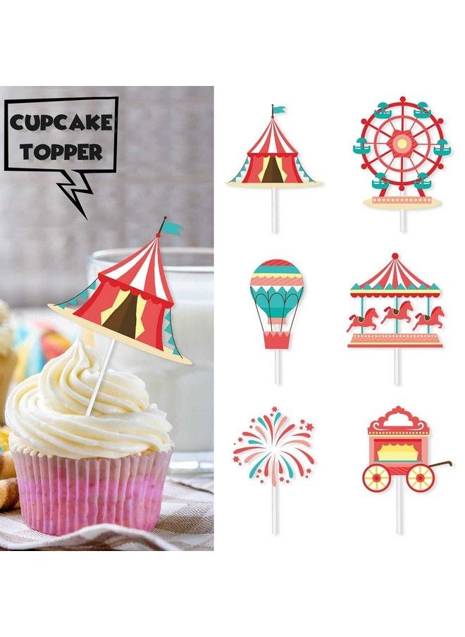 Generic - 18Pcs Red Glitter Fireworks Dessert Cupcake Topper Clown Hot Air Balloon Circus Tent Carnival Theme Decor Supplies Baby Girl Boy Happy Birthday Party Decorations - Image 1
