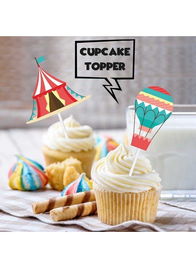Generic - 18Pcs Red Glitter Fireworks Dessert Cupcake Topper Clown Hot Air Balloon Circus Tent Carnival Theme Decor Supplies Baby Girl Boy Happy Birthday Party Decorations - Image 1