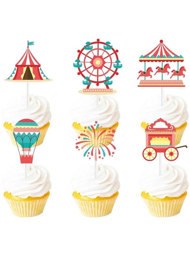 Generic - 18Pcs Red Glitter Fireworks Dessert Cupcake Topper Clown Hot Air Balloon Circus Tent Carnival Theme Decor Supplies Baby Girl Boy Happy Birthday Party Decorations - Image 1