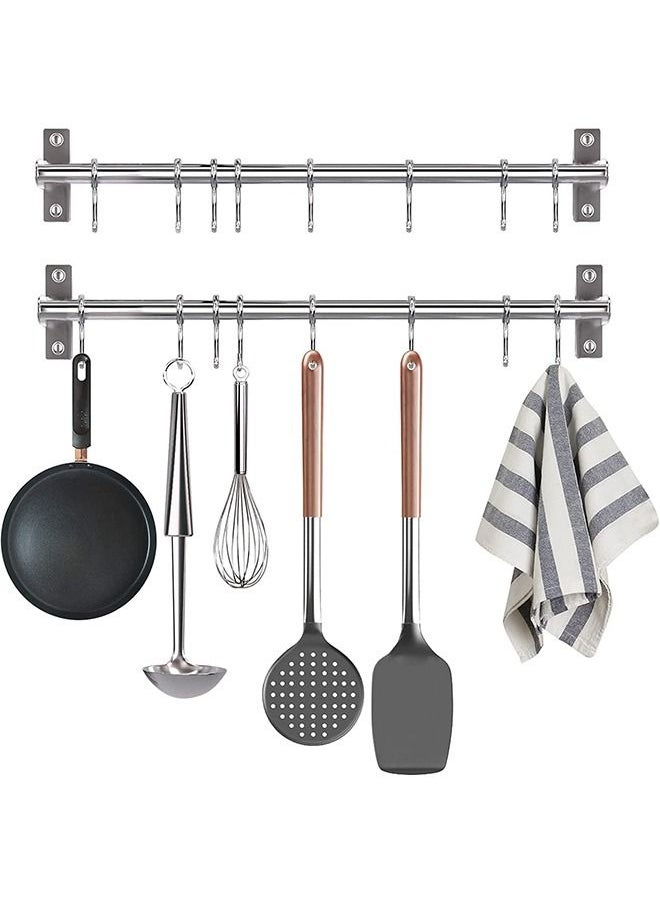 Arabest 2Pcs Wall Mounted Kitchen Utensil Rack, 8 Movable Hooks Stainless Steel Kitchen Hanging Rail, Pot Pan Rack 15.75"(40cm) Hanger Organizer Utensil Holder for Lid Spoons Spatulas Tools Storage  - Image 1