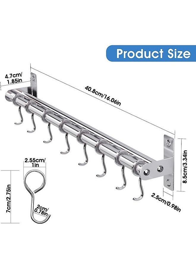 Arabest 2Pcs Wall Mounted Kitchen Utensil Rack, 8 Movable Hooks Stainless Steel Kitchen Hanging Rail, Pot Pan Rack 15.75"(40cm) Hanger Organizer Utensil Holder for Lid Spoons Spatulas Tools Storage  - Image 2