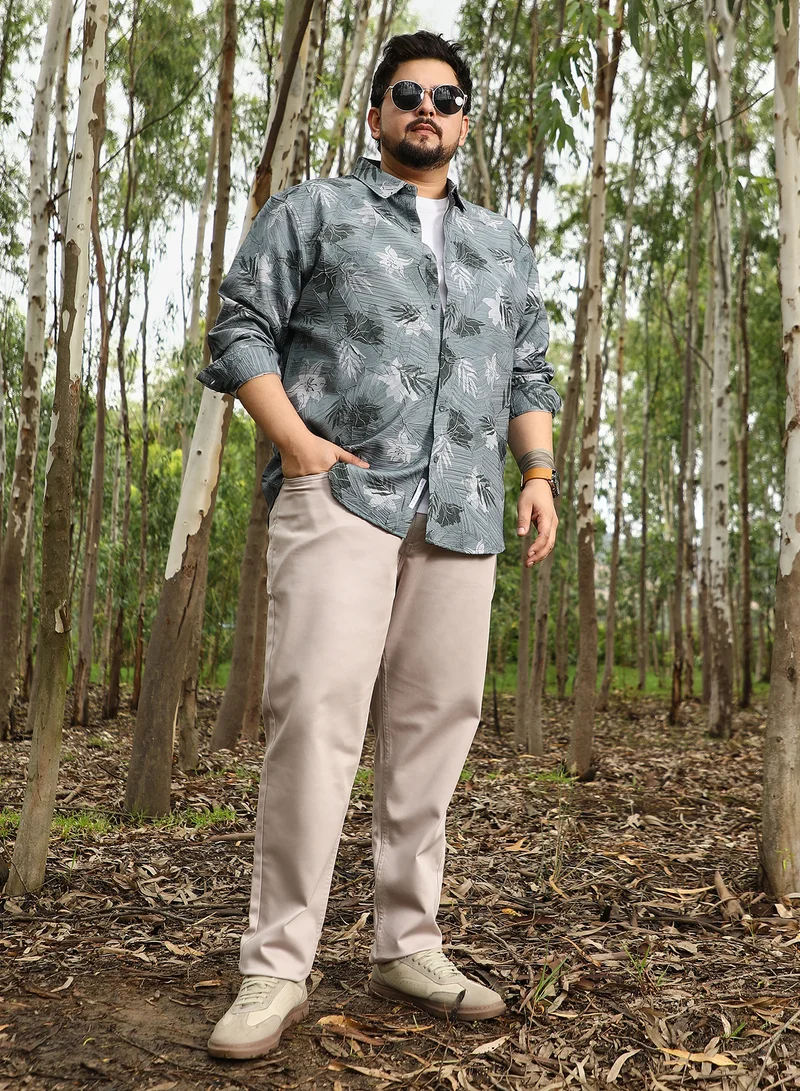 انستافاب بلس Instafab Plus Men Leaf-Imprint Foliage-Tactile Shirt | Spread Collar , Long Cuffed Sleeves | Button Closure , Curved Hem | Floral Print Textured | Woven Fabric For Party & Evening Wear | Moon Grey