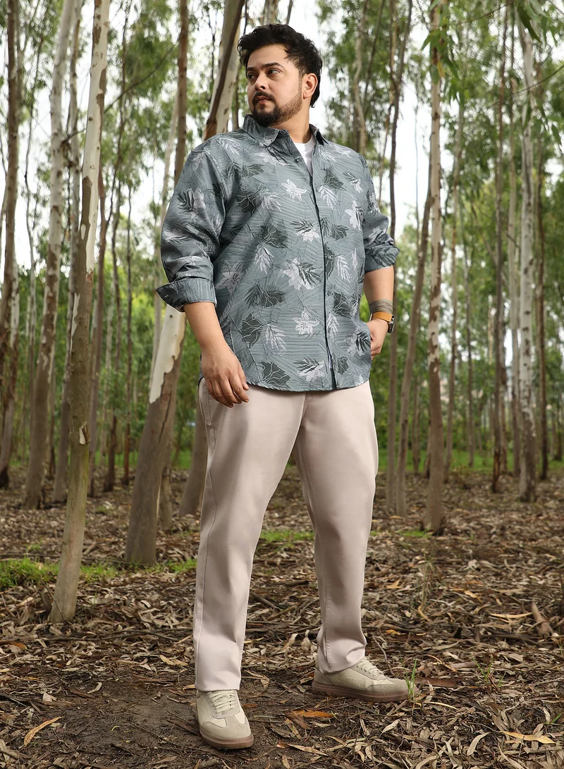 انستافاب بلس Instafab Plus Men Leaf-Imprint Foliage-Tactile Shirt | Spread Collar , Long Cuffed Sleeves | Button Closure , Curved Hem | Floral Print Textured | Woven Fabric For Party & Evening Wear | Moon Grey