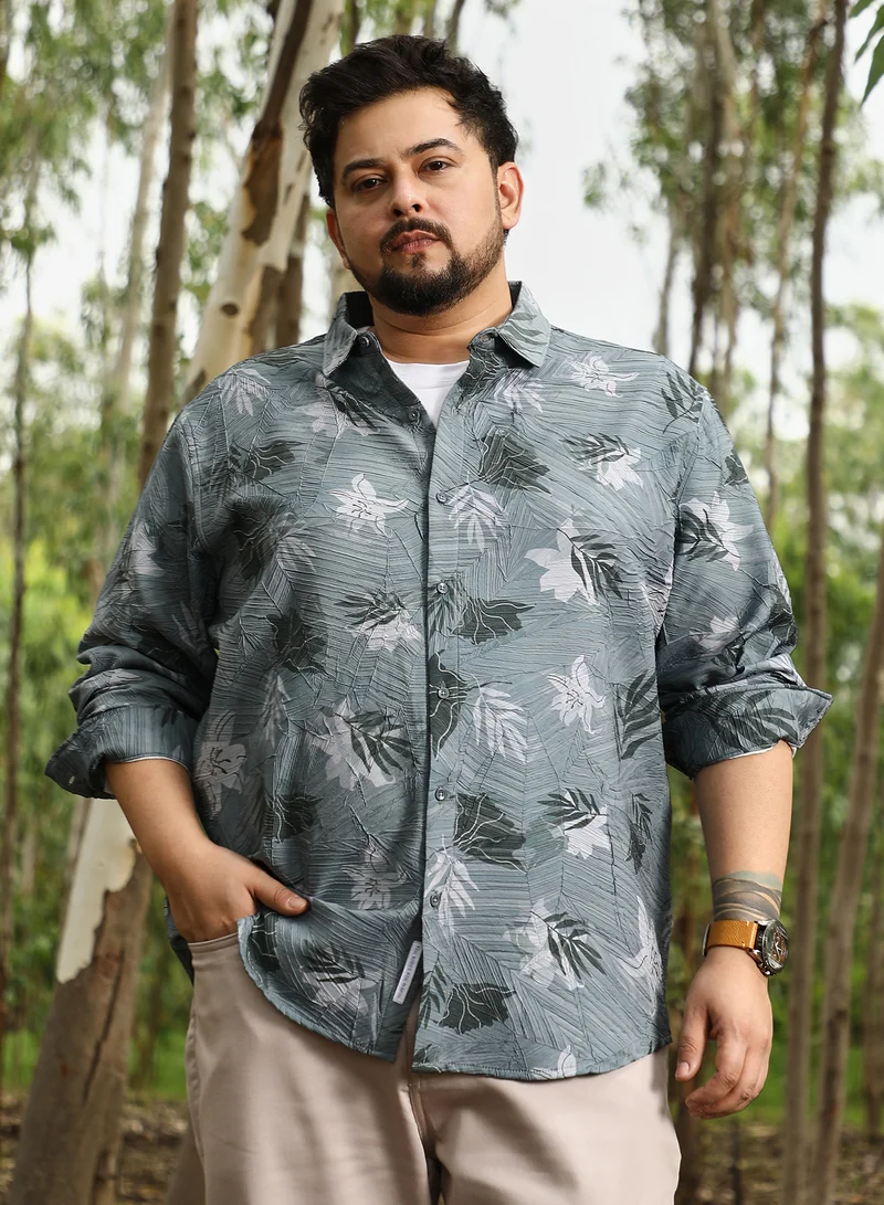 انستافاب بلس Instafab Plus Men Leaf-Imprint Foliage-Tactile Shirt | Spread Collar , Long Cuffed Sleeves | Button Closure , Curved Hem | Floral Print Textured | Woven Fabric For Party & Evening Wear | Moon Grey