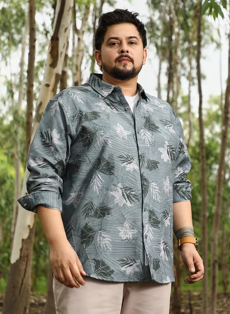 انستافاب بلس Instafab Plus Men Leaf-Imprint Foliage-Tactile Shirt | Spread Collar , Long Cuffed Sleeves | Button Closure , Curved Hem | Floral Print Textured | Woven Fabric For Party & Evening Wear | Moon Grey