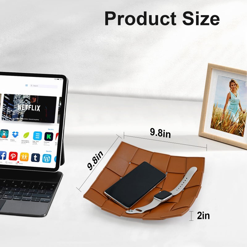 MSJGA Valet Tray PU Leather Key Holder Bowl for Men and Women Entryway Table Nightstand Catchall Storage Organizer EDC Dump Tray for Wallet, Keys, Coins Men's Gift - Brown, 9.8" L x 9.8" W x 2" H - Image 5
