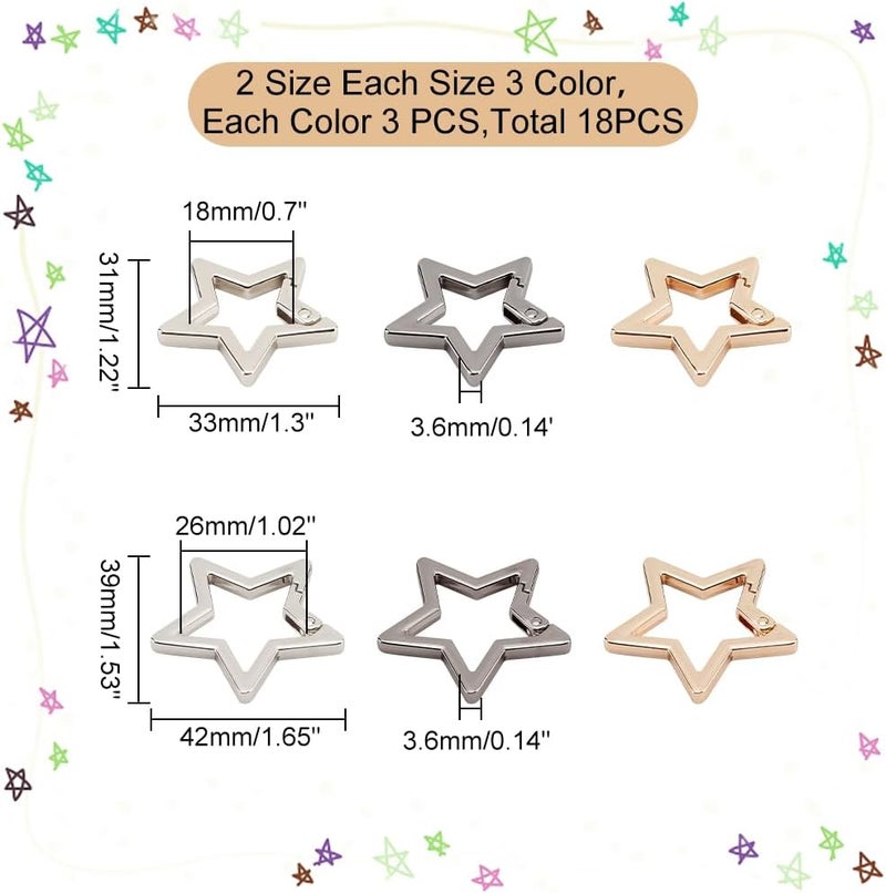 كلاراكو حلقات بوابة زنبركية من سبائك معدنية من كلاركو، 3 ألوان، خطافات مشابك معدنية على شكل نجمة، مشبك زنبركي، مشبك زناد، 18 مم/26 مم، مشابك حلقات مفاتيح زنبركية لسلاسل المفاتيح والحقائب والمجوهرات والحرف اليدوية - Image 2
