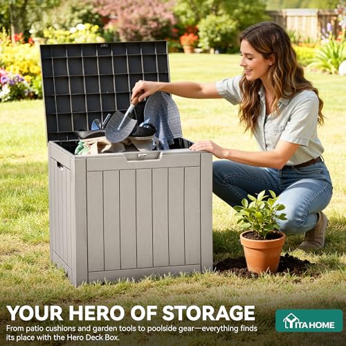 YITAHOME 31 Gallon Outdoor Storage Deck Box, Waterproof Resin Package Delivery and Storage Box with Lockable Lid for Patio Furniture Cushions, Pool Accessories, Garden Tools, Taupe - Image 2