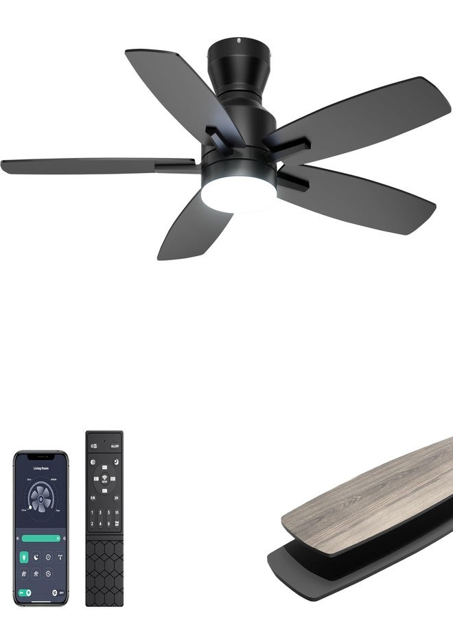 Ohniyou Ceiling Fans with Lights, 42'' Low Profile Ceiling Fan with Light and Remote/APP Control, Modern Flush Mount Ceiling Fan for Indoor Bedroom Kitchen, Dimmable, Qiuet DC Motor, Black - Image 1