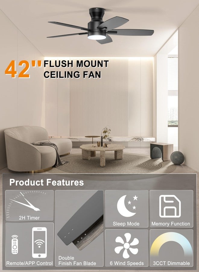 Ohniyou Ceiling Fans with Lights, 42'' Low Profile Ceiling Fan with Light and Remote/APP Control, Modern Flush Mount Ceiling Fan for Indoor Bedroom Kitchen, Dimmable, Qiuet DC Motor, Black - Image 3