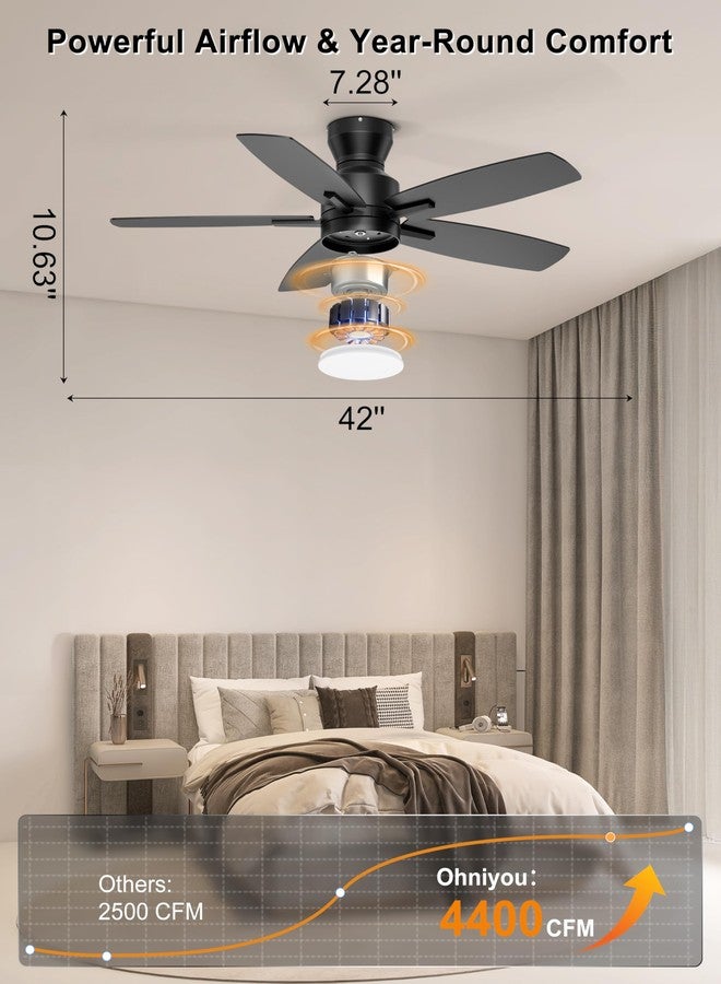 Ohniyou Ceiling Fans with Lights, 42'' Low Profile Ceiling Fan with Light and Remote/APP Control, Modern Flush Mount Ceiling Fan for Indoor Bedroom Kitchen, Dimmable, Qiuet DC Motor, Black - Image 2